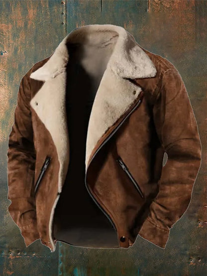 Men's Vintage Outdoor Suede Zip Pocket Plush Collar Warm Jacket