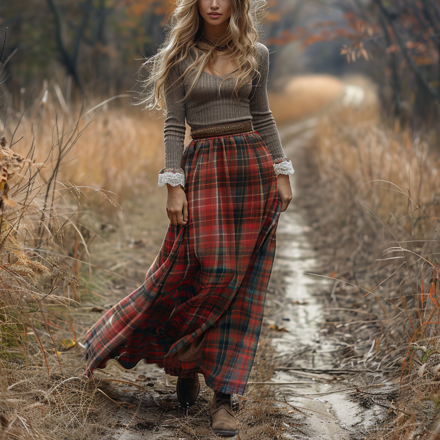 Women's Retro Plaid V-neck Long-sleeved Long Skirt Pastoral Style Dress