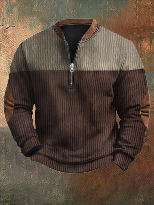 Men's Vintage Color Matching Corduroy Print Casual Zipper Sweatshirt