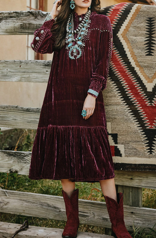 Western Vintage Gold Velvet Print Long Sleeve Dress