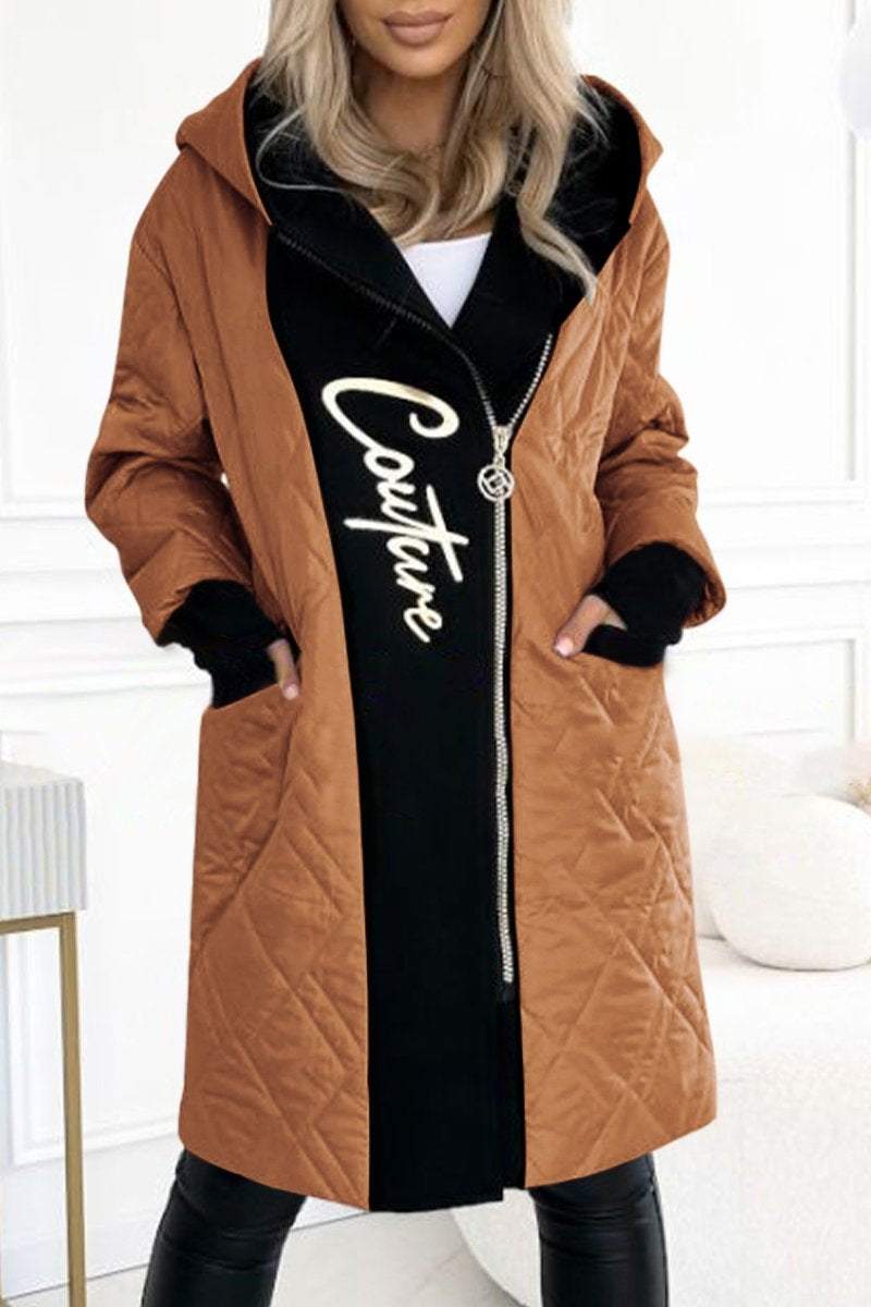 Women's Hooded Zippered Letter Print Long Coat