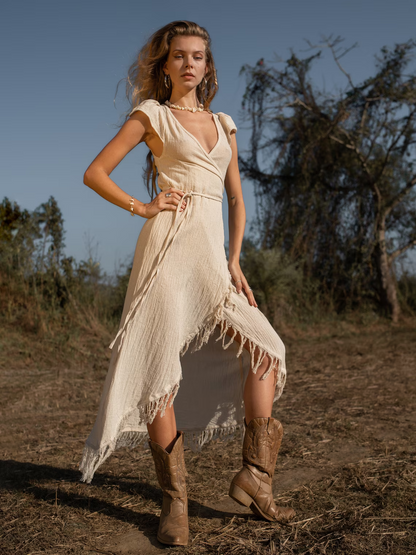 Wrap-style asymmetrical dress/Bohemian goddess dress/Bohemian fringed dress/Off-white summer dress