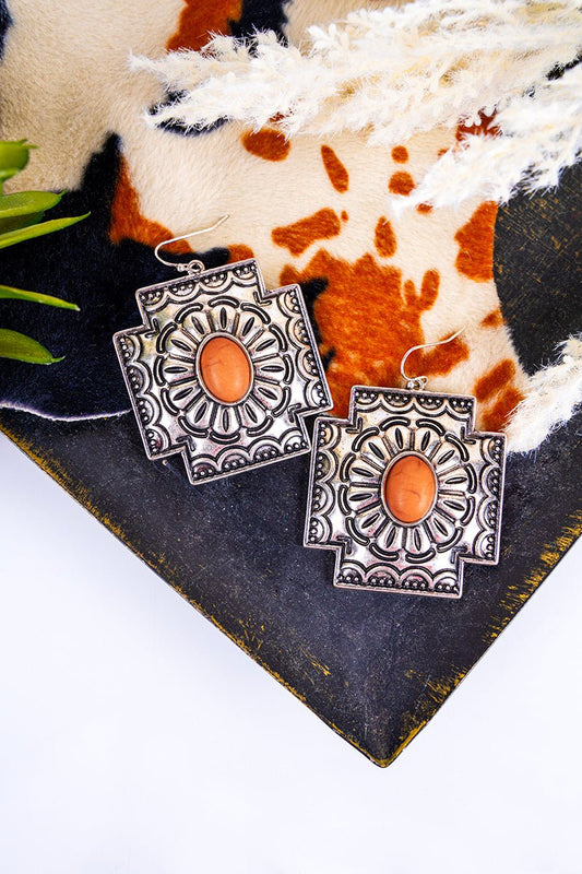 Orange Stone Cross Concho Earrings