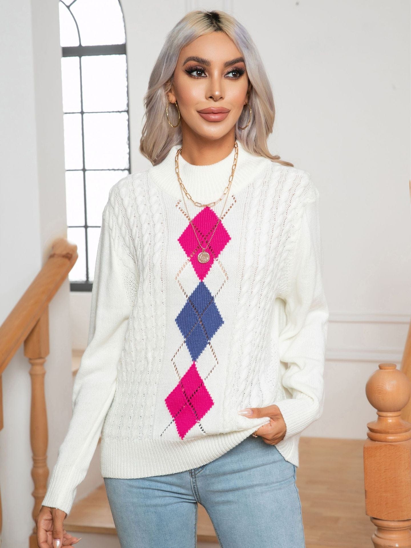 Peony Diamond Pattern Sweater