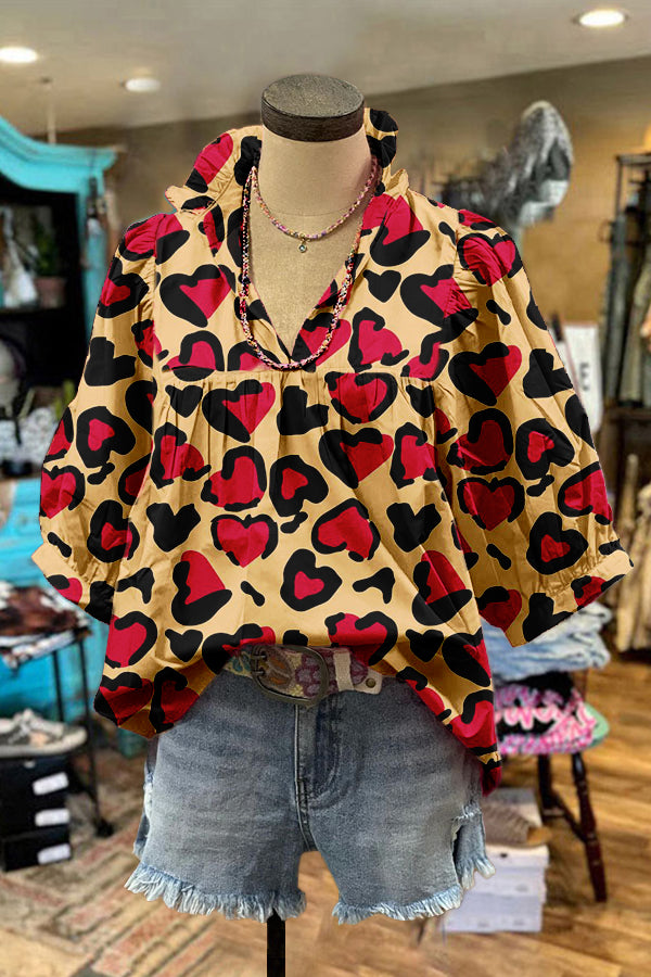 Cute Valentine's Day Leopard Print Puff Sleeve Blouse