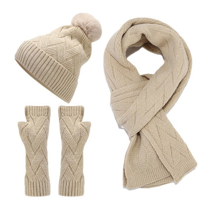 Unisex Christmas Warm Hat Gloves Scarf Solid Color Knitted Set