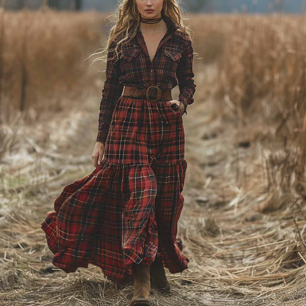 Retro V-neck Plaid Women's Long-sleeved Long Skirt Country Pastoral Retro Dress