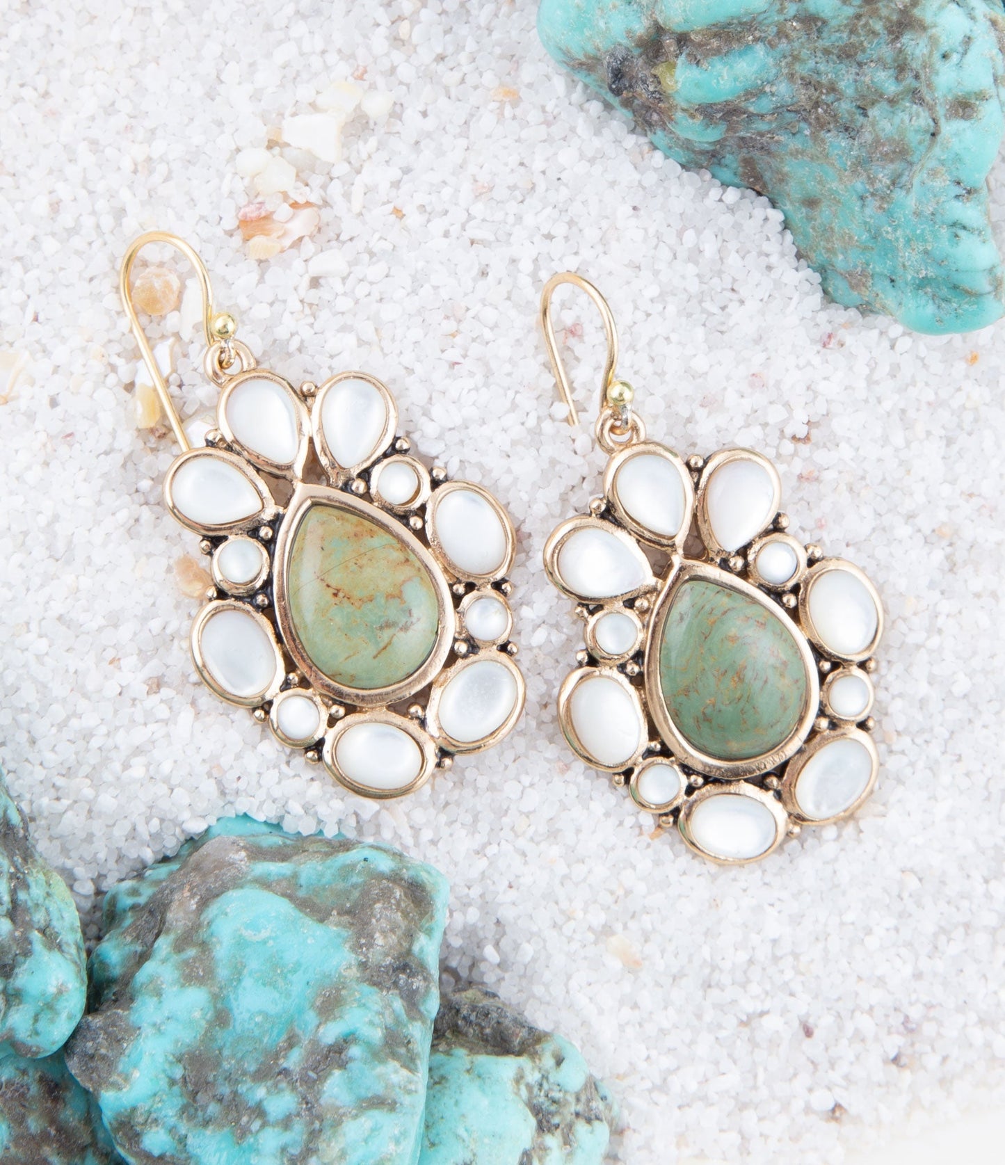 Green Turquoise and White Mother of Pearl Golden Bronze Drop Earrings