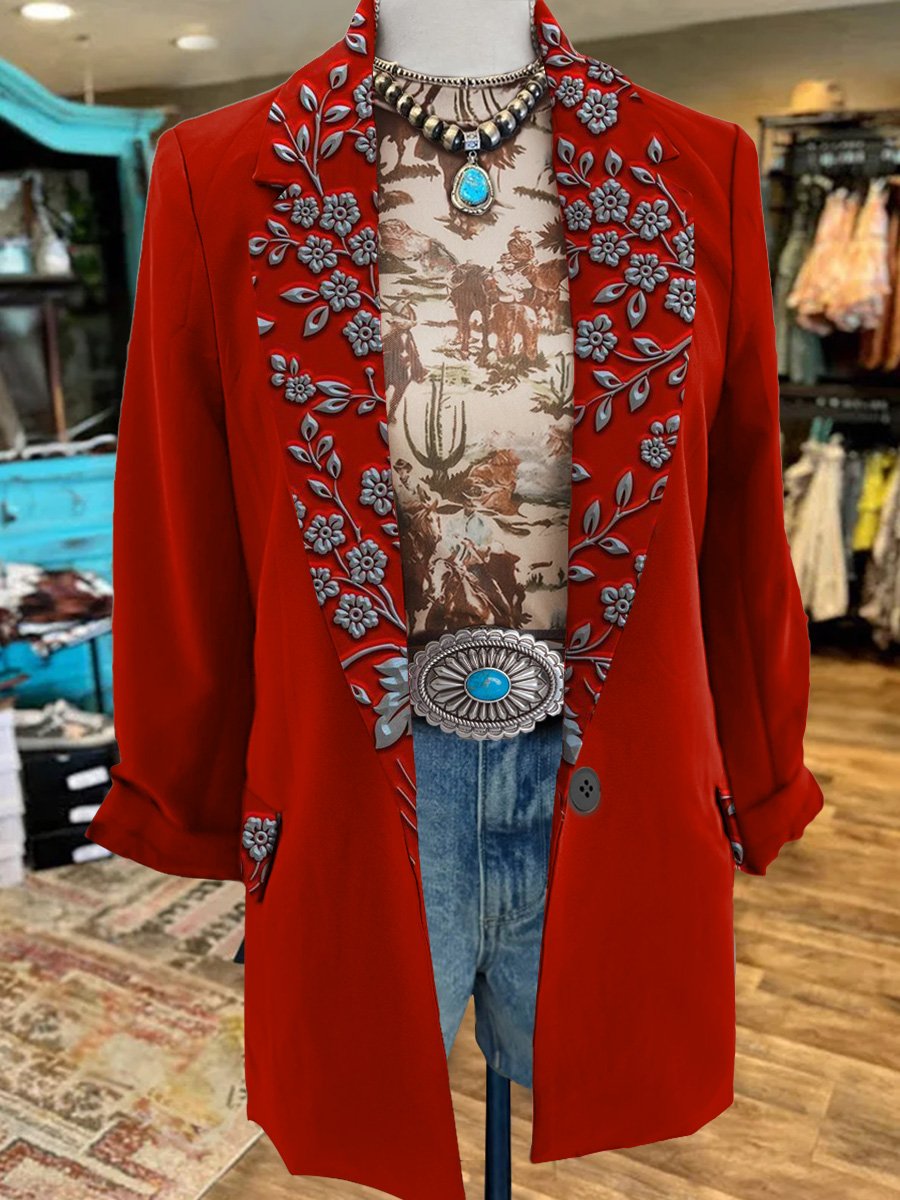 Women's Retro Red Flowers Print 3/4 Sleeve Casual Blazer