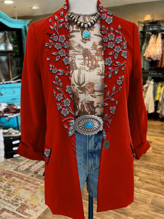 Women's Retro Red Flowers Print 3/4 Sleeve Casual Blazer