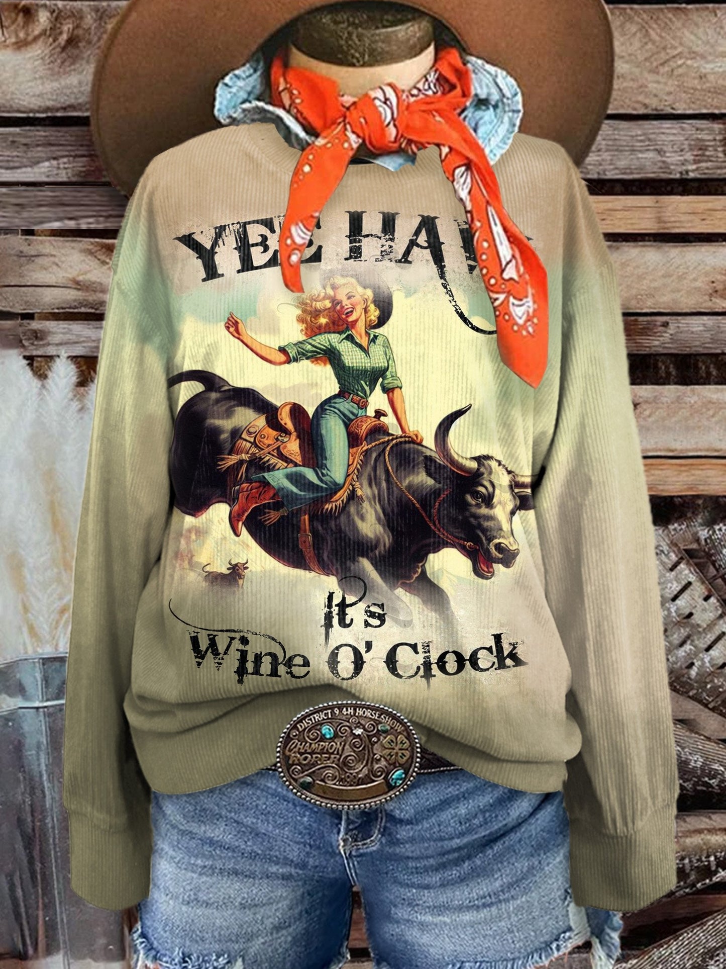 Women's Yee Haw It's Wine O'Clock Print Casual Corduroy Sweatshirt