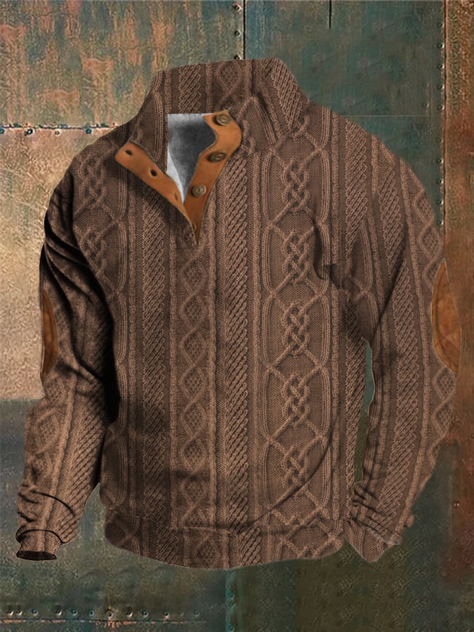 Men's Western Vintage Knitted Jacquard Print Stand Collar Button Sweatshirt