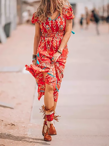 Red Pretty Aztec Print Mini Dress