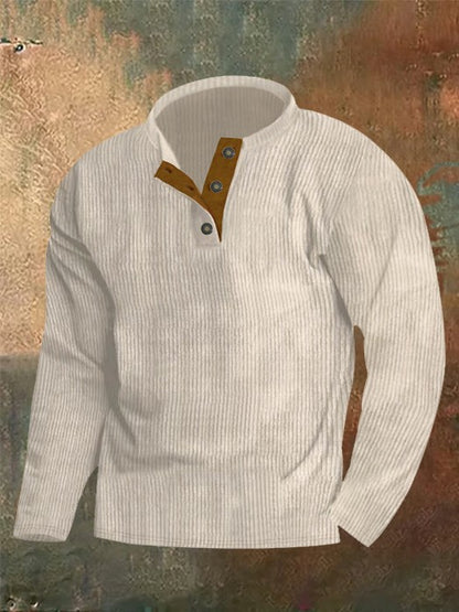 Solid Corduroy Stitching Button Up Round Neck Sweatshirt