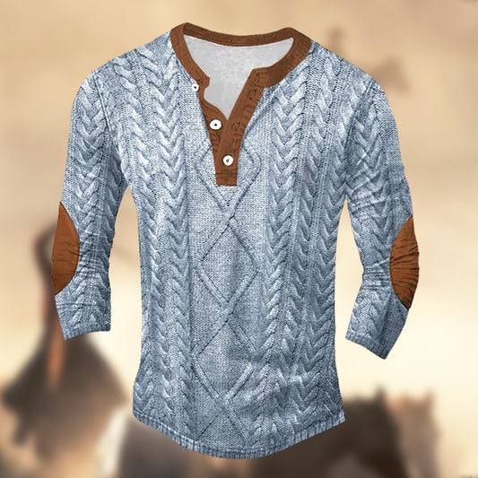 Men's Vintage Country Western Knitt Print Henley Print Long Sleeve T-Shirt