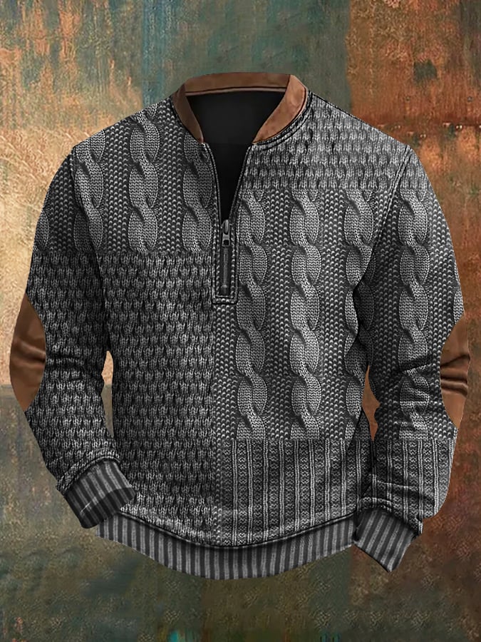 Men's Retro Western Print Zip-Up Sweatshirt