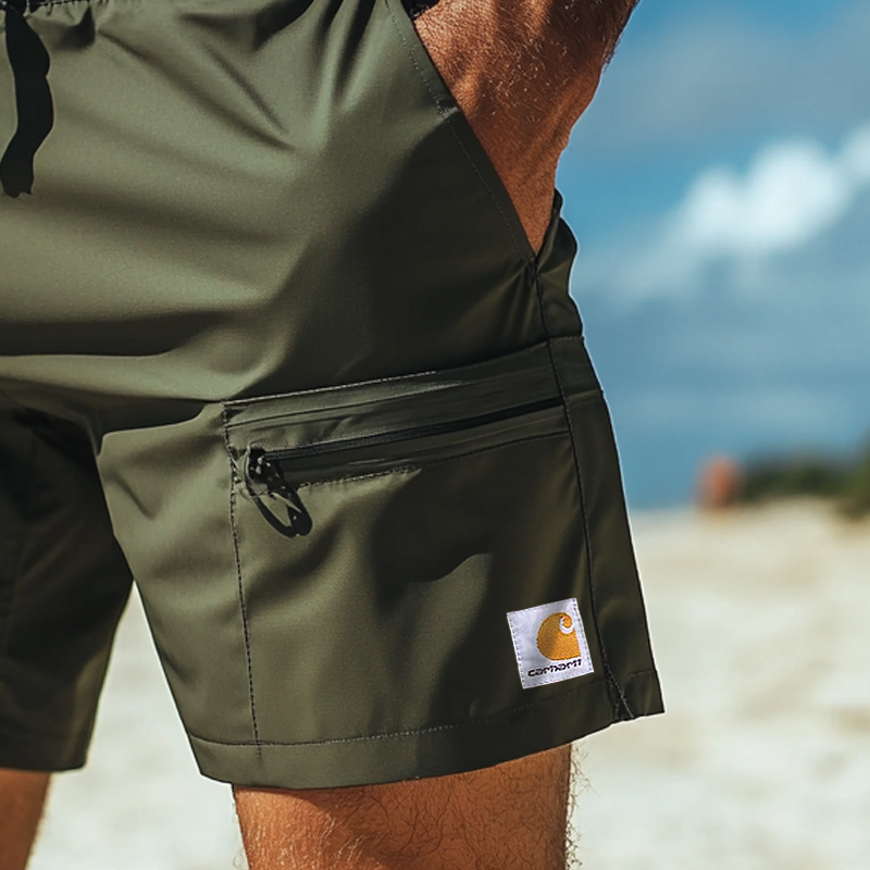 Men's Functional Green Shorts With Multiple Pockets For Outdoor Activities