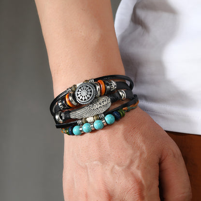 Bohemian Multi-layer Beaded Cowhide Braided Alloy Feather Leather Bracelet