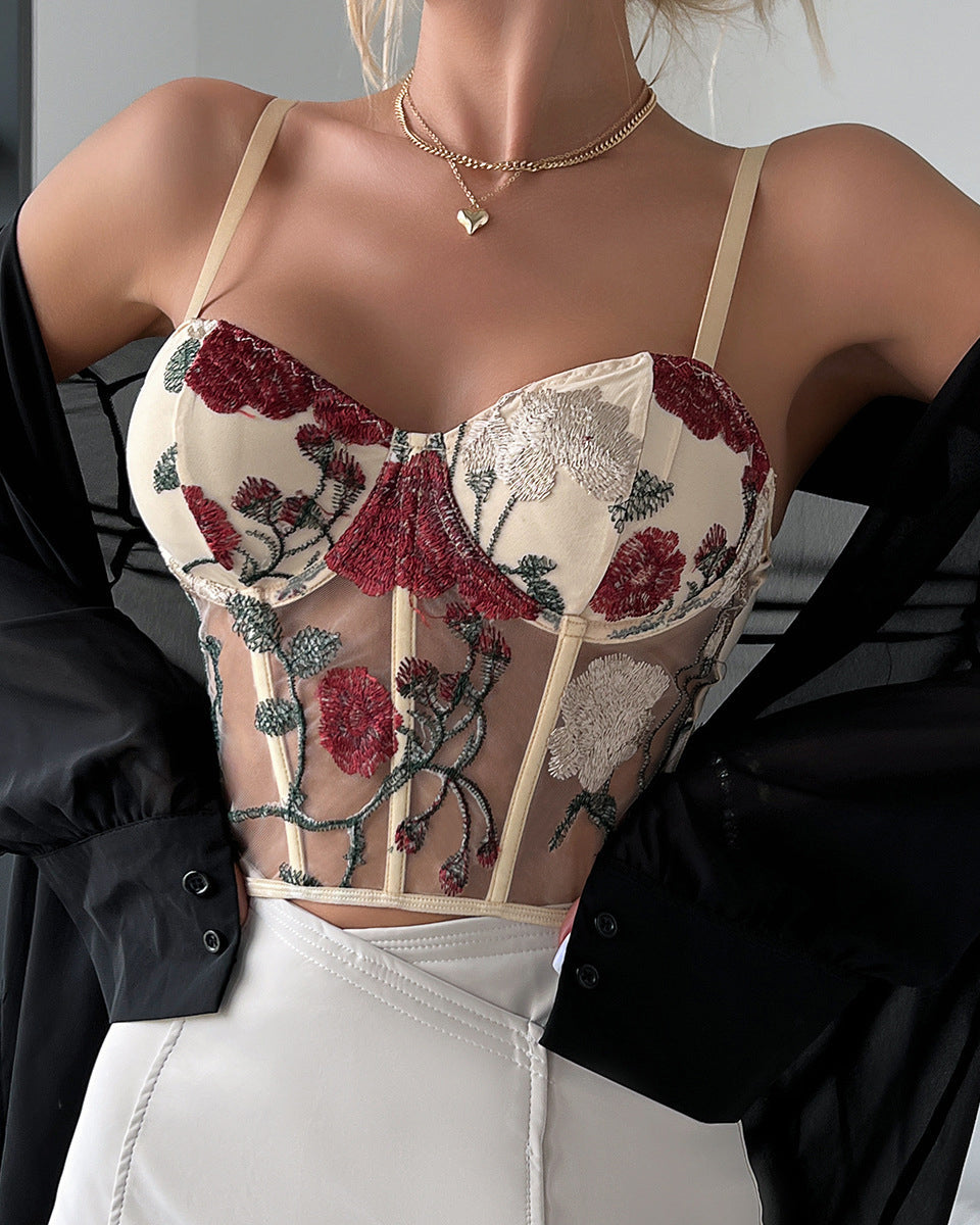 Retro Mesh Flower Embroidered Steel Ring Fishbone Vest