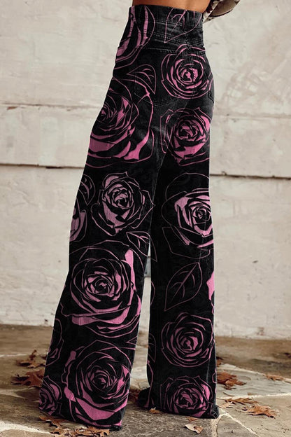 Roses Print Casual Wide Leg Pants