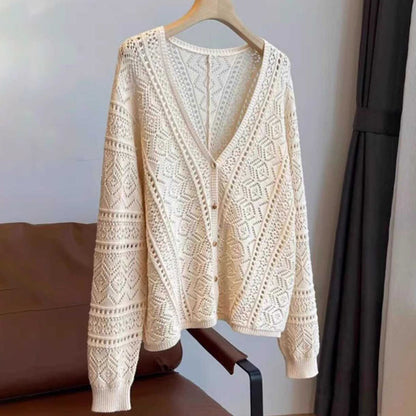 V-neck Hook Flower Hollow Knitted Cardigan Blouse