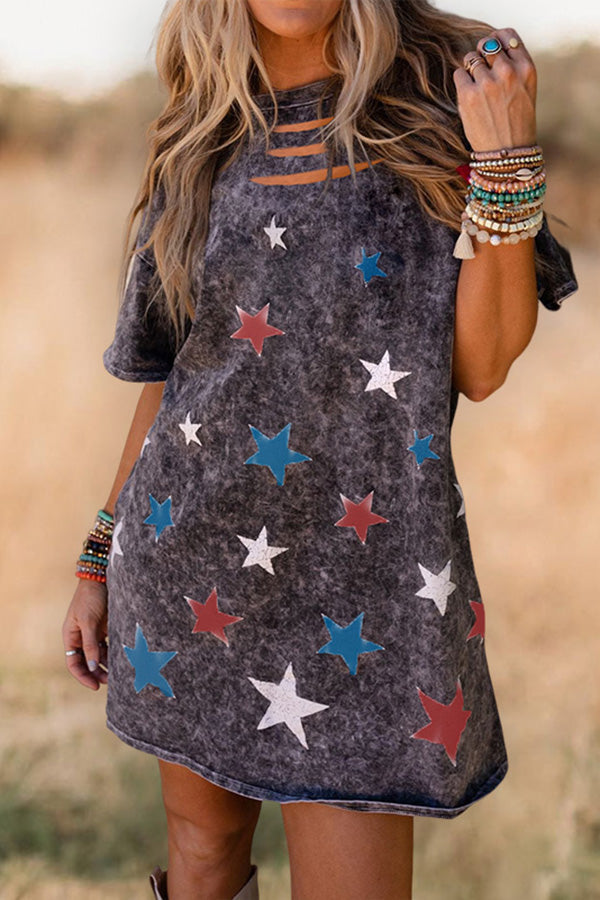 Distressed Ripped Tricolor Star Print Washed T-shirt Dress