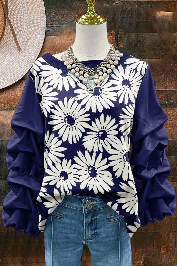 Cute Daisy Flowers Print Pleated Sweatshirt