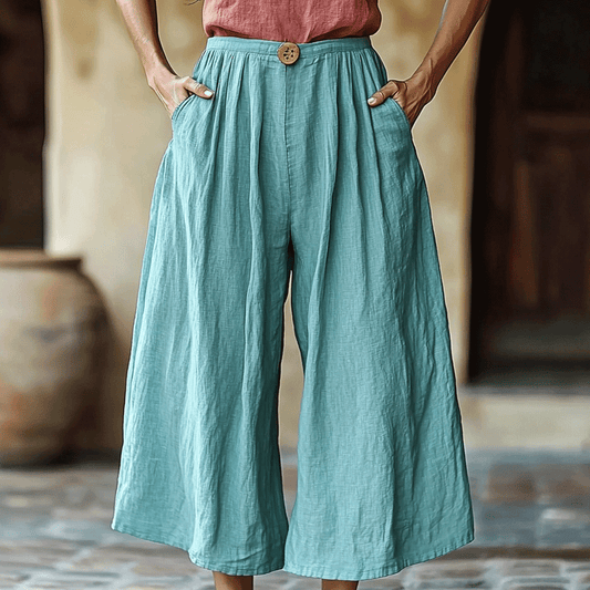 Women's Solid Linen Cropped Wide-leg Casual Pants