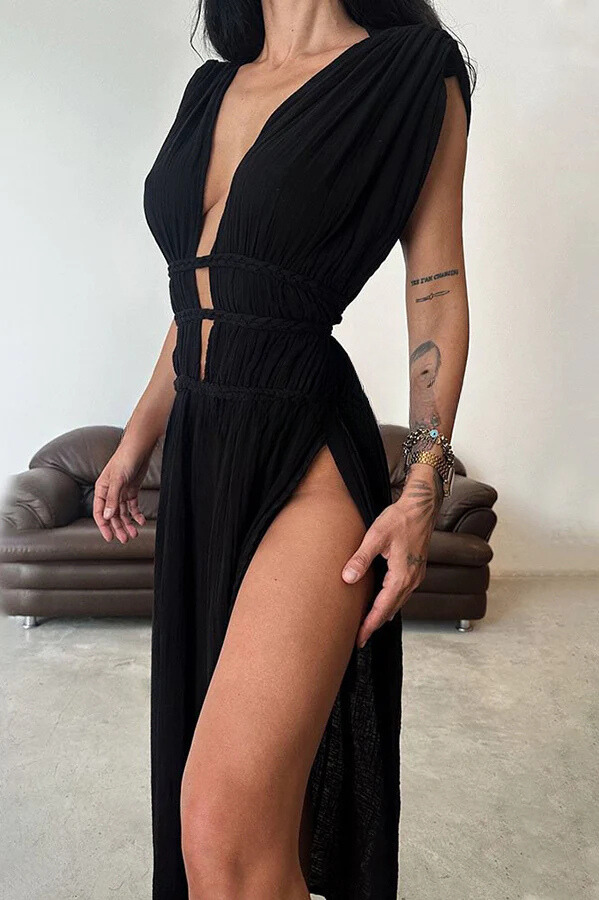 Boho with Elegance Linen Blend Braids Belt Cutout Slit Kaftan Maxi Dress