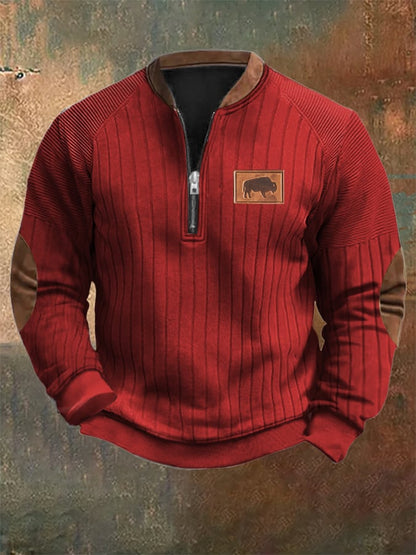 Men's Vintage Western Knit Print Zipper Stand Collar Casual Sweatshirt