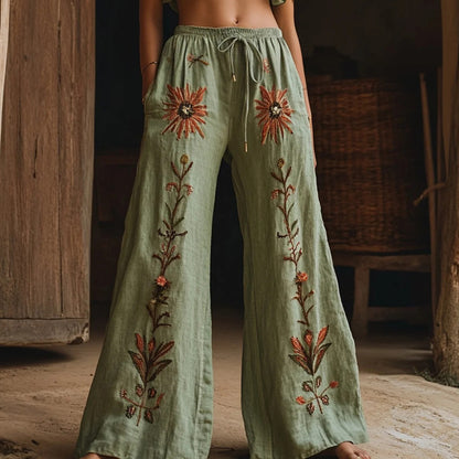 Women's Retro Linen Boho Flowers Art Long Loose Wide-leg Trouser Pants