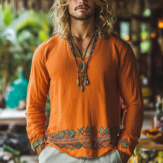 Men's Bohemian Holiday Style Vintage Linen Printed Casual Long Sleeve Top