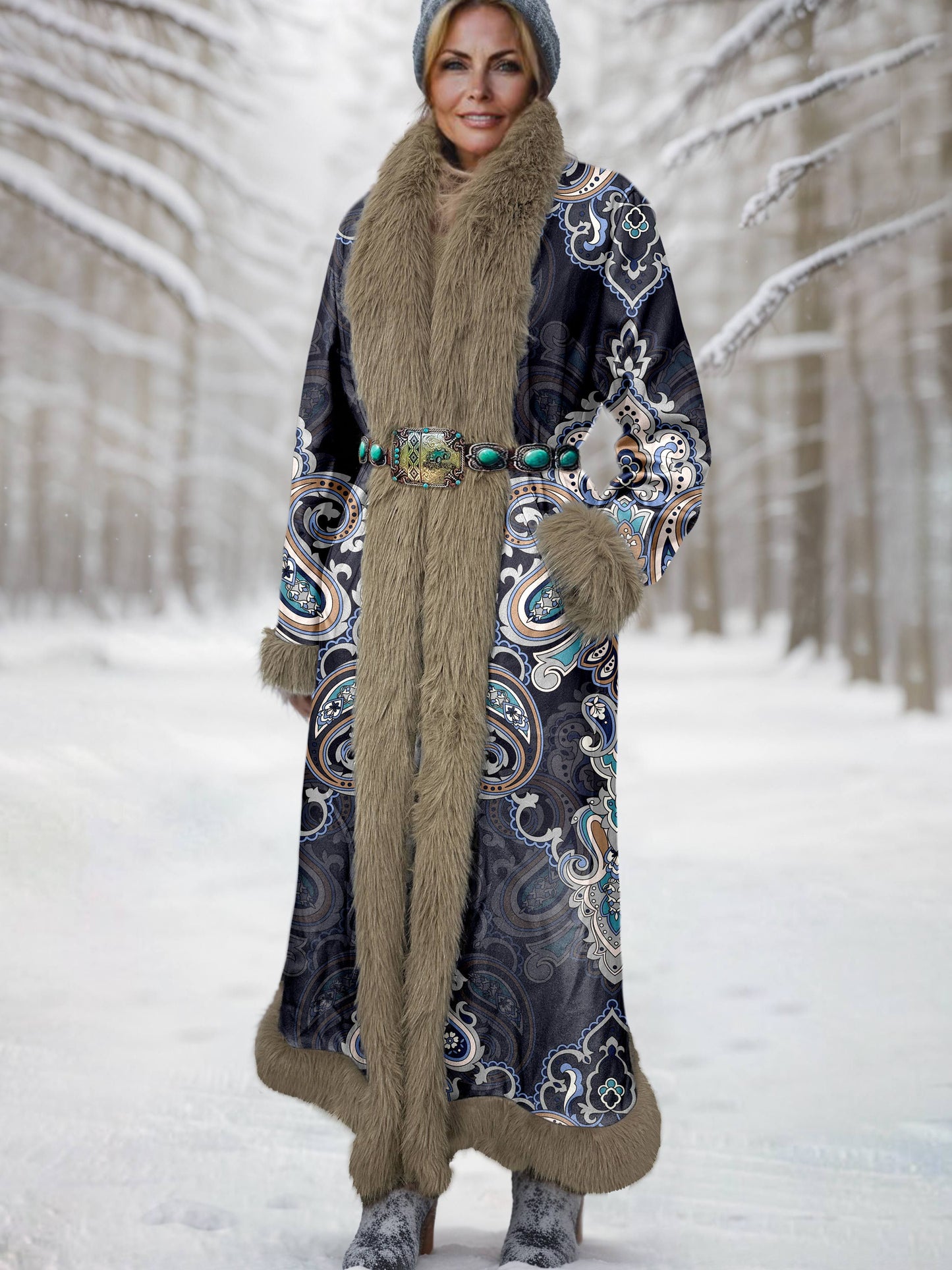 Women's Vintage Paisley Printed Fur Patchwork Suede Long Afghan Coat