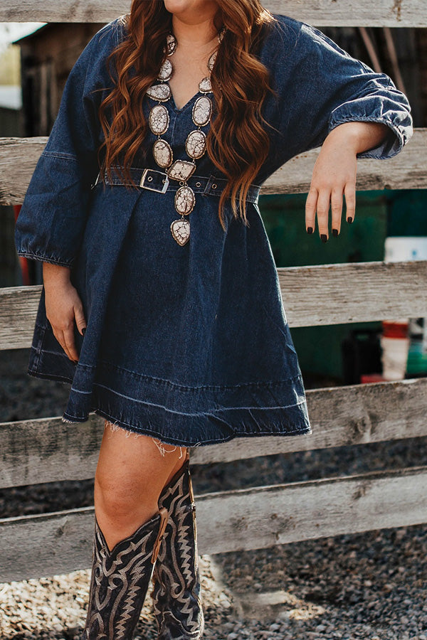 Vintage V-Neck Ruffled Denim Dress