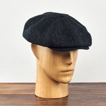 PEAKED CAPS Genuine Scottish Harris Tweed 8 Panels Man Cap Wool Large Crown BLACK