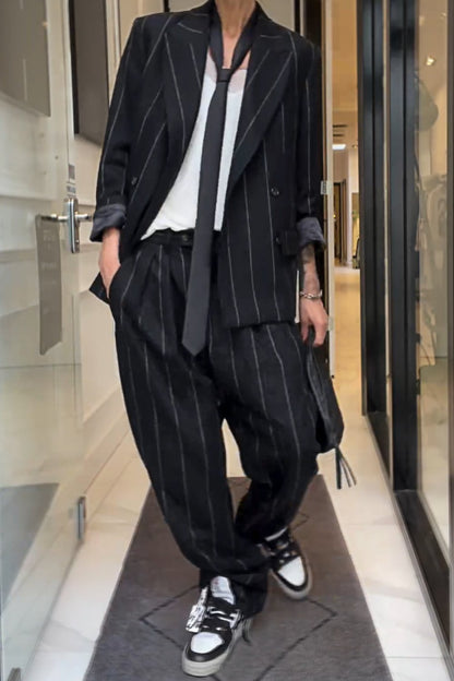 Women's Casual Stripe Blazer and Pants Two-piece Set