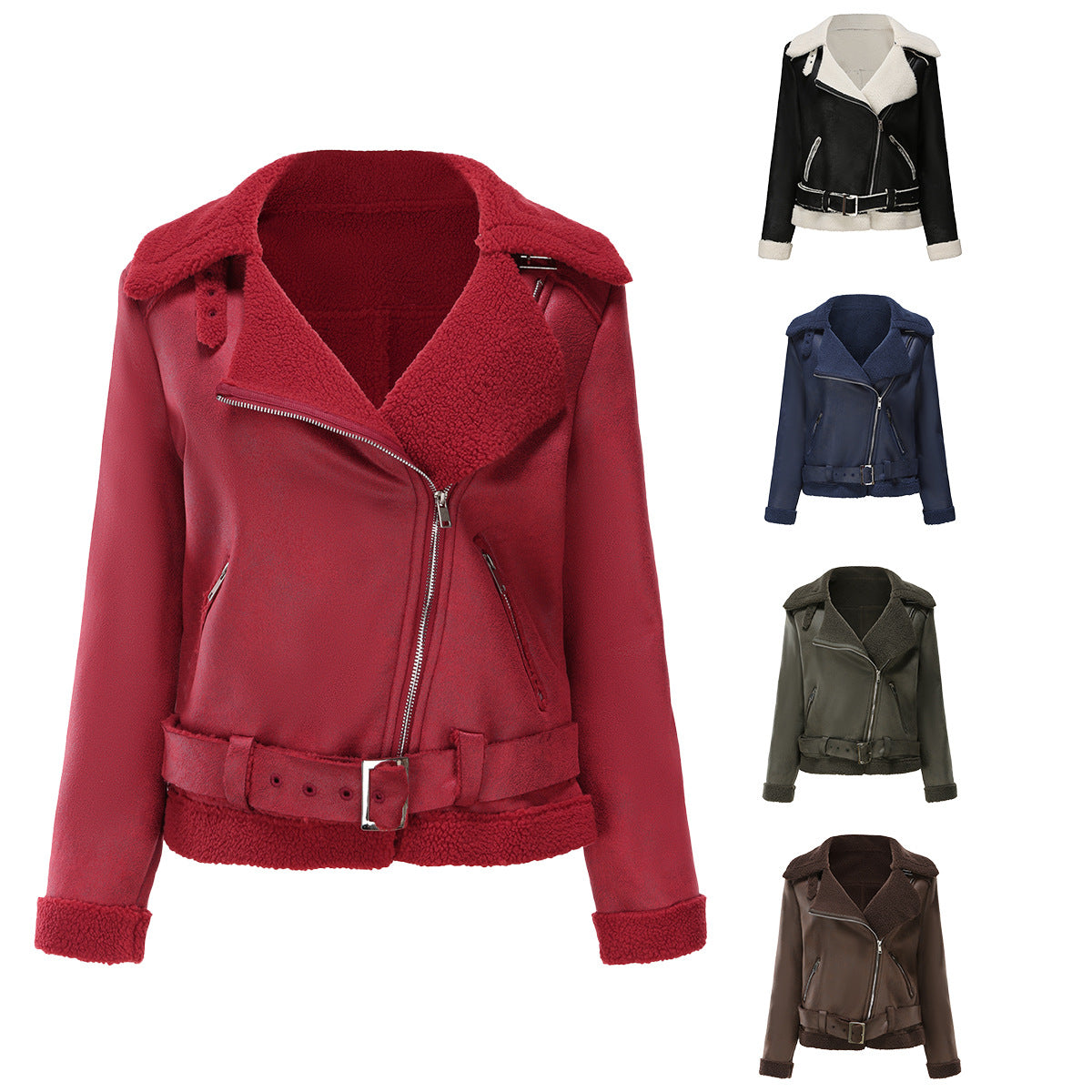 Women's Leather Jacket With Belt And Lapel Coat