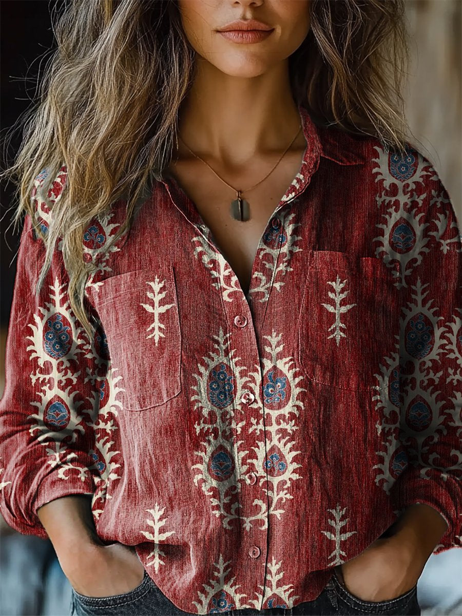 💥Global best seller💥Red ethnic floral print long sleeve comfortable cotton shirt