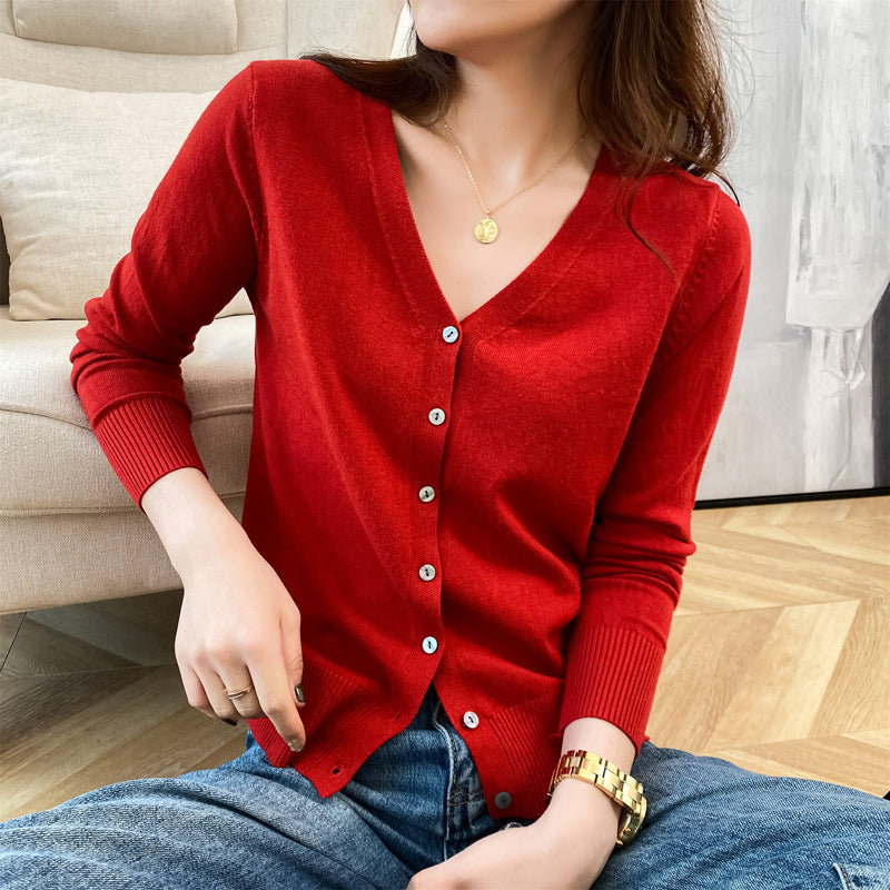 Cardigan Autumn Wear Korean Style V-neck Sweater Loose Bottoming Sweater Knitted Cardigan Women's Solid Color Short Coat