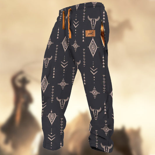 Men's Retro Country Western Bull Head Ethnic Geometric Pattern Print Casual Sweatpants