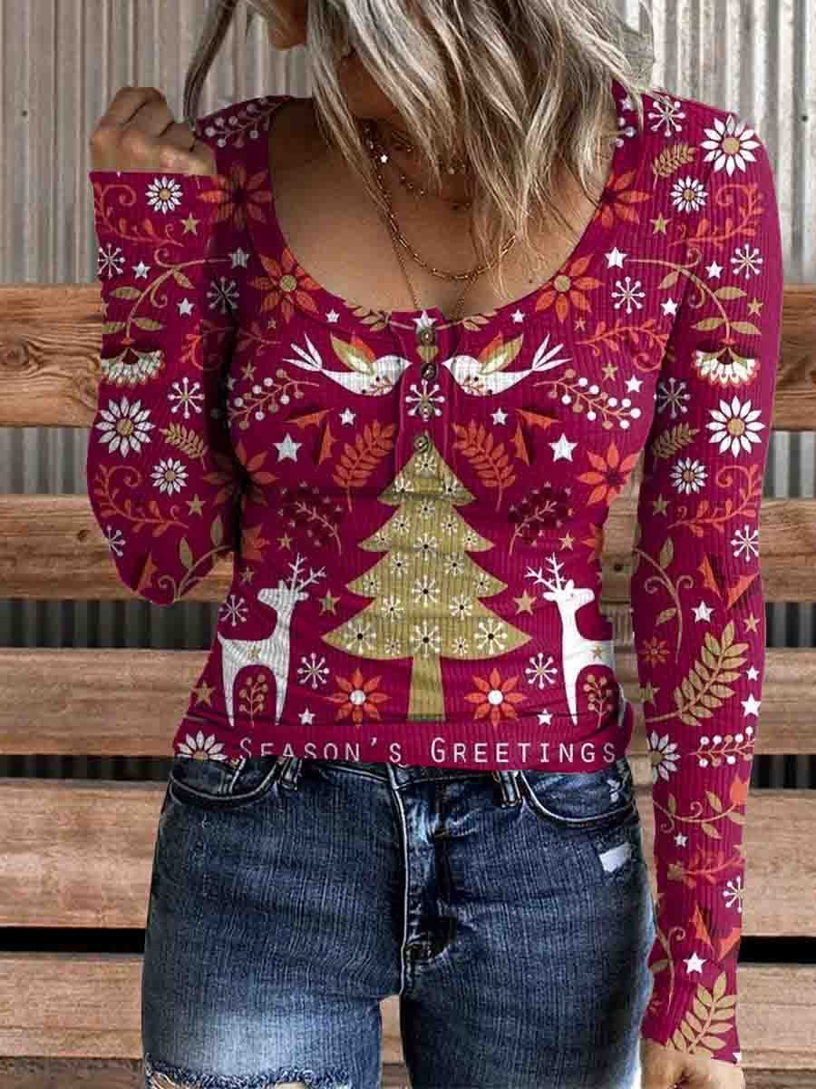 Women's Christmas Print Comfortable Cotton Henley Shirt