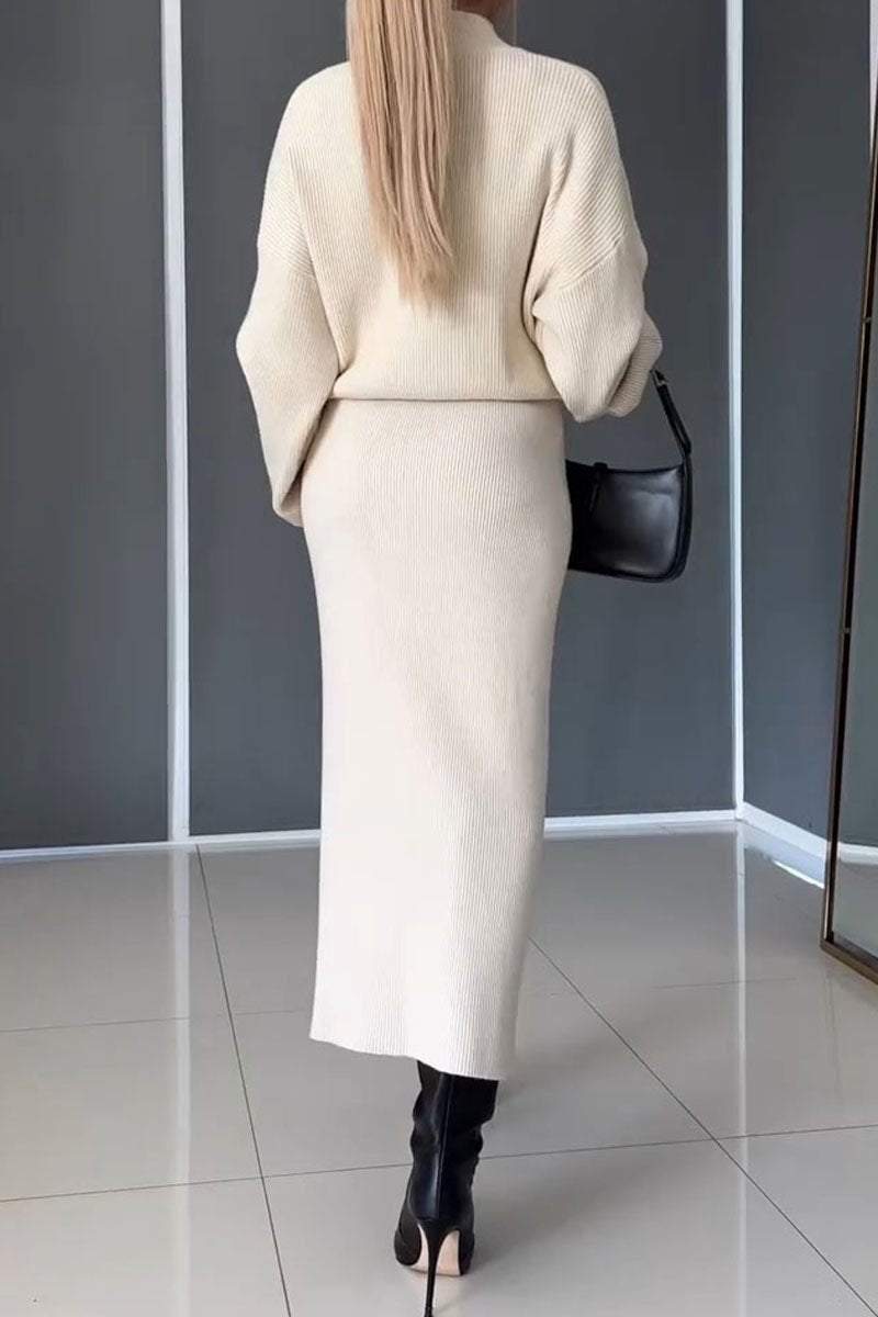 Women's High Collar Long Sleeve Sweater Skirt Two Piece Suit