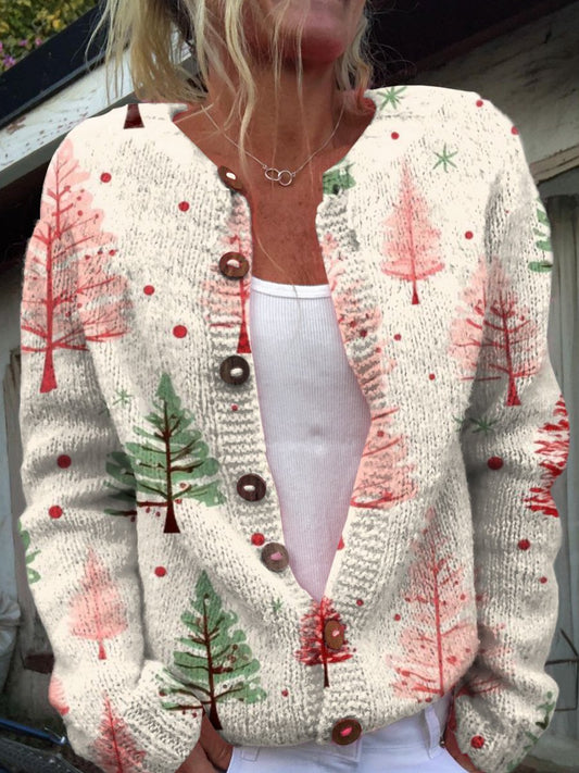 Christmas Tree Art Vintage Print Buttoned Cardigan Sweater