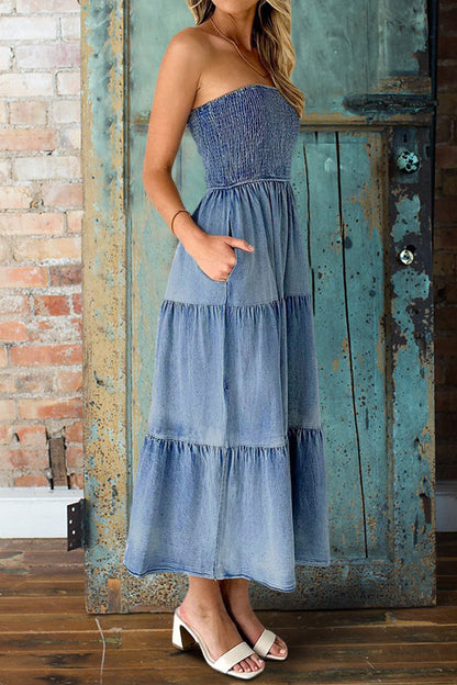 Smocked Bandeau Denim Maxi Dress