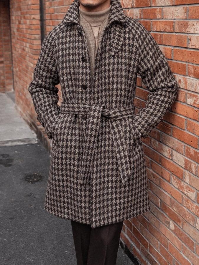 Men's Classic Houndstooth Single-Breasted Open-Pocket Design Casual Woolen Coat (Belt Included)