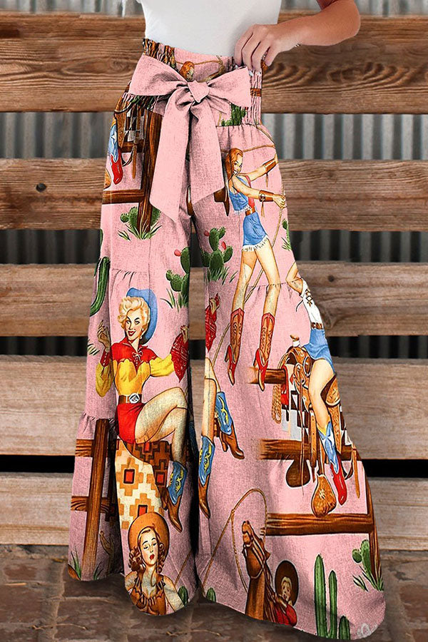 Vintage Wild West Girls Print Tiered Palazzo Pants