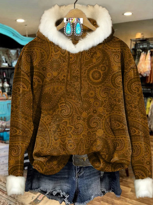 Brown Vintage Ethnic Flowers Print Imitation Rabbit Fur Trim Casual Hoodie Sweatshirt