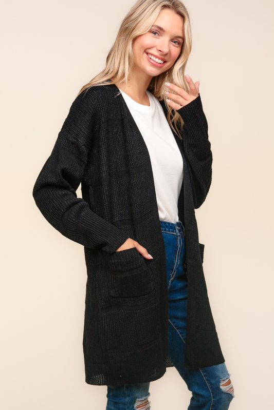 Textured Open Cardigan with Pockets in Black