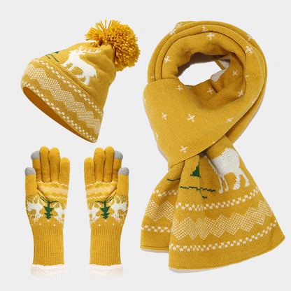 Unisex Christmas Warm Hat Gloves Scarf Knitted Elk Set