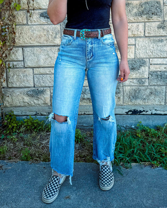 Light Blue Ripped Cropped Pants Jeans